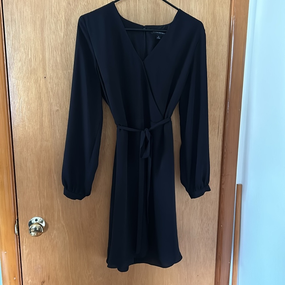 EUC classic black faux-wrap dress with tie, cute button detail at sleeve